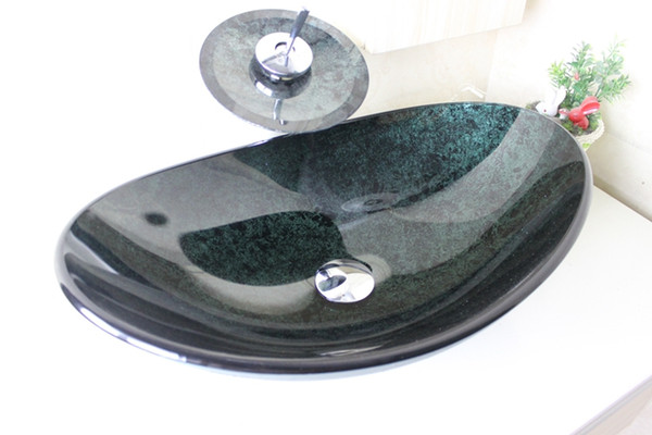 Dark green gold Tempered Glass Vessel Sink With Chrome Waterfull Faucet Set N-673