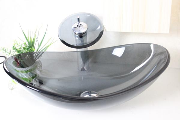 Tempered Glass Vessel Sink With Chrome Waterfull Faucet Set N-196