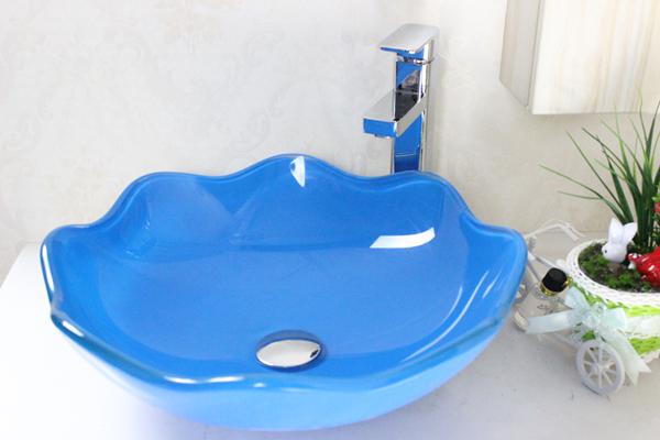 Blue lotus basin Tempered Glass Vessel Sink With Faucet Set N-222