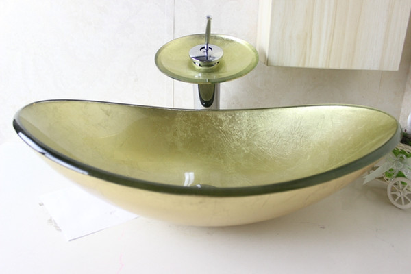 Yellow gold Tempered Glass Vessel Sink With Chrome Waterfull Faucet Set N-675