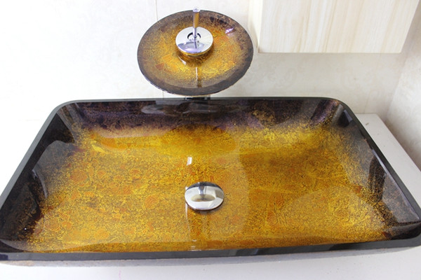 Gradient rectangular basin Tempered Glass Vessel Sink With Chrome Faucet Set N-691