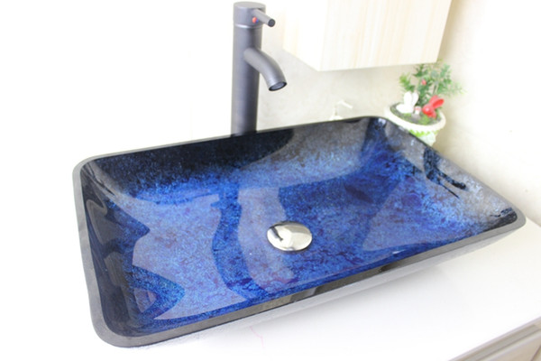 Blue Foil rectangular basin Tempered Glass Vessel Sink With Faucet Set N-654