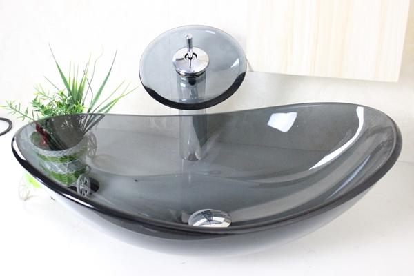Gray Glass Tempered Glass Vessel Sink With Waterfull Faucet Set N-196