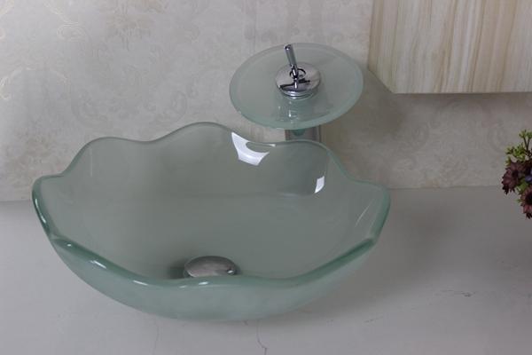 Bathroom Sink Set,Frost Round Tempered Glass Vessel Sink With Waterfull Faucet ,Mounting Ring and Water Drain N-179