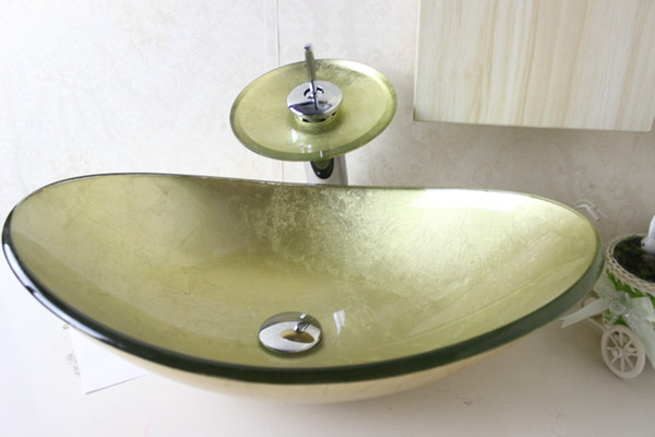 Yellow gold Tempered Glass Vessel Sink With Chrome Faucet Set N-675