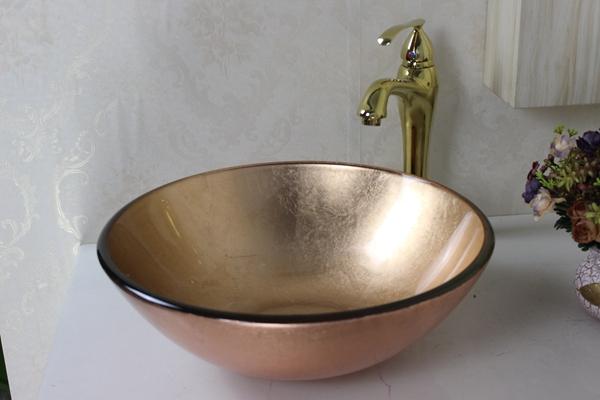 Rose Gold Round Tempered Glass Vessel Sink With Faucet ,Mounting Ring and Water Drain N-138