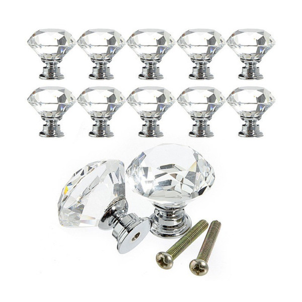 Cabinet Pull 30mm Diamond Furniture Accessory Clear Crystal Glass Door Pull Drawer Handle Knob Screw For Home Kitchen Drawer