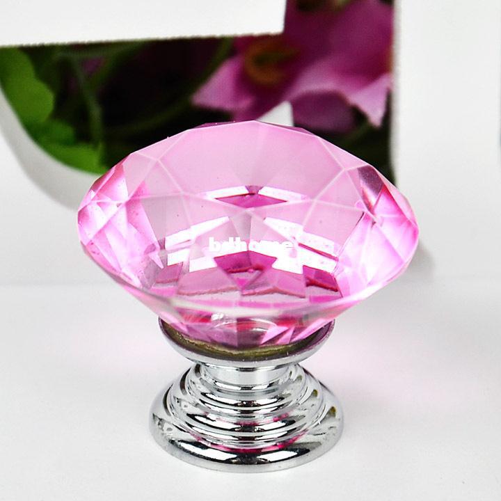 5Pcs 30mm Diamond Crystal Shape Glass Cupboard Wardrobe Cabinet Door Drawer Knobs Pull HandleS Pink TK0978