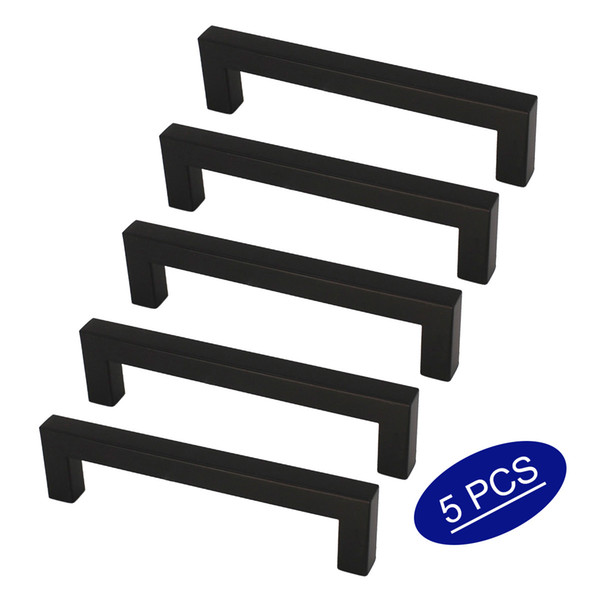 5 Pieces Matte Black Cabinet Handles 5 inch (128mm) hole Spacing Drawer Knobs Square Bar Cupboard Door Pulls Stainless Steel