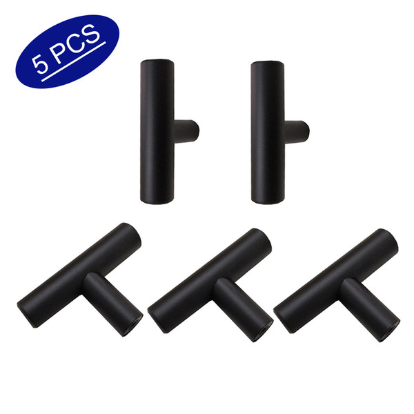 Matte Black Cabinet Pulls T Bar Single Hole Cupboard Door Handles 2 inch Length Round Tube Stainless Steel Drawer Knobs 5 Pieces