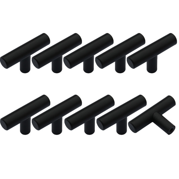 Matte Black Cabinet Door Handles T Bar Single Hole 2 inch Length Modern Furniture Hardware Kitchen Drawer Pull Knobs Round Tube 10 Pieces