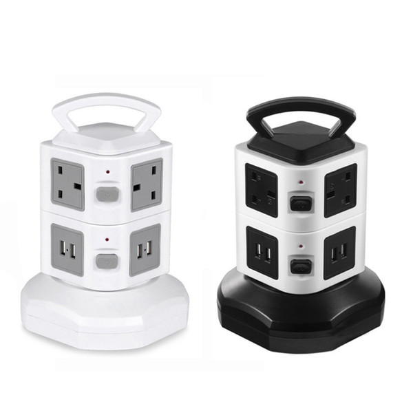 8 Way 2 USB Tower Mains Power Extension Socket Port Adapter 2M Lead Plug