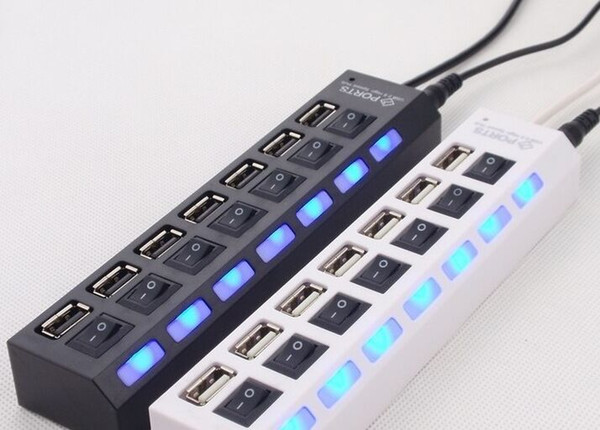 USB 2.0 HUB Power Strip 7 Ports Socket LED Light UP Concentrator with Switch AC Adapter for Mouse keyboard Charger PC Desktop Laptop Tablet