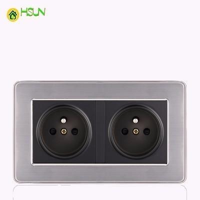 16a French Standard Wall Double Socket Luxury Power Outlet Enchufe Stainless Steel Brushed Silver Panel 146mm*86mm Ac 110~250v