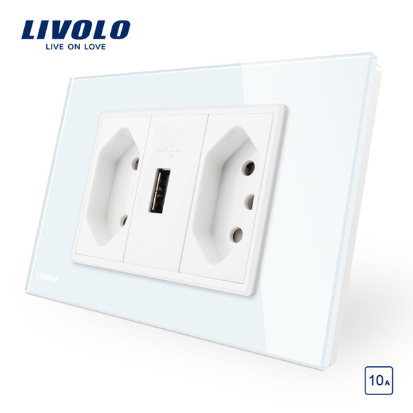 Livolo Brazilian/Italian Standard 3Pins 10A +USB Socket, White Glass panel Without Plug,2 Gang Brazilian Socket & USB