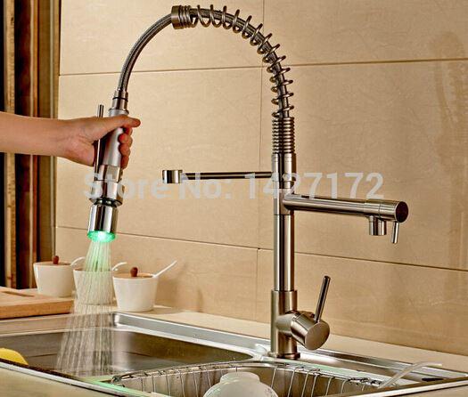 Modern Deck Mounted New LED Spring Brushed Nickel Brass Kitchen Faucet Dual Spouts Sink Mixer Tap 20161102#