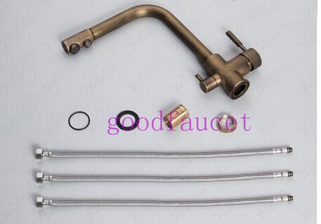 best transperformer NEW Hot Sale deck mounted 3-way single hole 2 handles kitchen faucet sink pure water filter mixer tap antique bronze