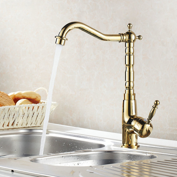 360 Rotating Gold Polished Kitchen Faucets Hot Cold Mixer Tap Brass Basin Faucet