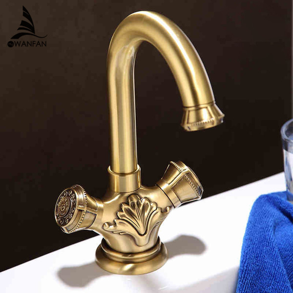 Kitchen Faucets Top-grade Brass Antique Vintage Carving Crane Deck Mounted Dual Handle Faucet Hot&Cold Basin Mixer LD10121AAB