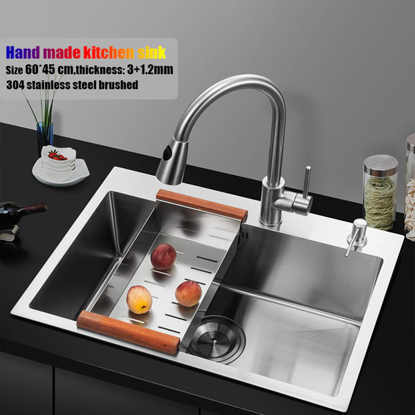 60*45cm topmount stainless steel kitchen sink handmade single bowl big size water tank kitchen faucet brain basket and rack