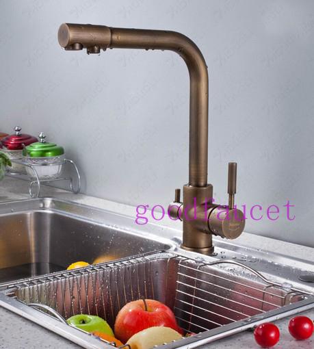 NEW Hot Sale deck mounted 3-way single hole 2 handles kitchen faucet sink pure water filter mixer tap antique bronze