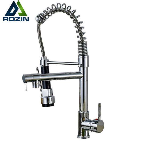 Chrome Spring Pull Down Kitchen Faucet Dual Spouts 360 Swivel Handheld Shower Kitchen Mixer Crane Hot Cold 2 Outlet Spring Taps 20181115$