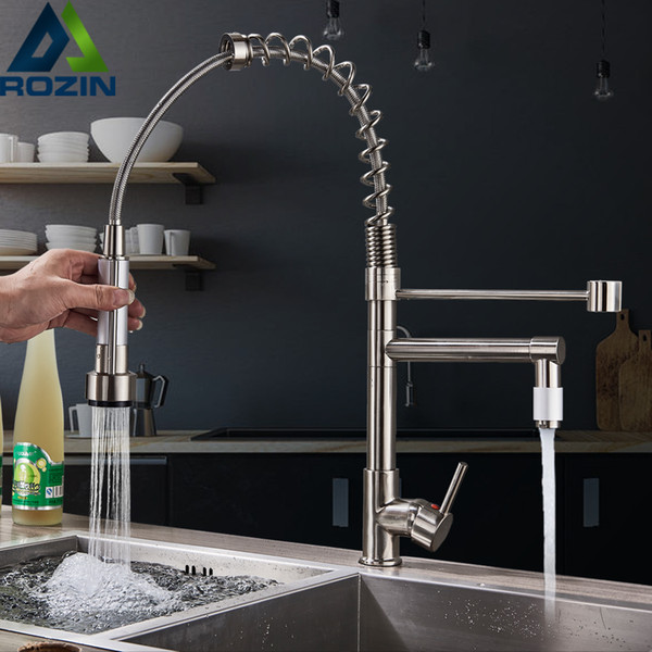 Chrome Spring Pull Down Kitchen Sink Faucet Single Handle Hot & Cold Water Mixer Crane Tap with Dual Spout Deck Mounted 20181115$