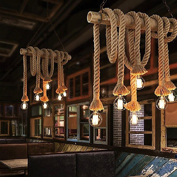 Vintage Rustic Hemp Rope Creative Hanging Lights Wiring for Living Room Bar Pendant Public Places Romantic Home Decoration