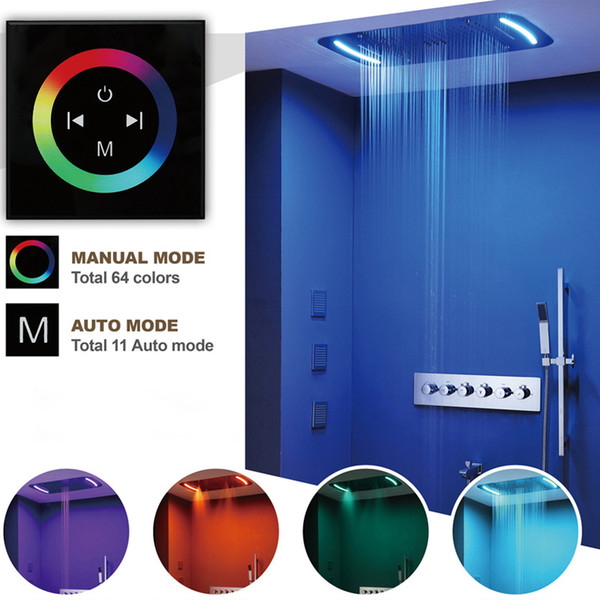 Thermostatic Mixer Valve Touch Panel LED Rain Shower Head Waterfall Bathroom Shower Set 71X43cm Big Misty Showerhead Massage Spa