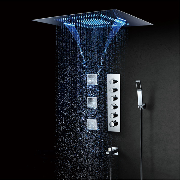 600*800mm LED Shower Head Misty Waterfall Rainfall Showerhead Spa Thermostatic Shower Faucets Bathroom Shower Spray Jets Brass