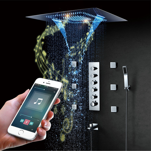 LED Music Showerhead 800*600mm Spray Waterfall Rainfall Shower Bathroom Thermostatic Shower Faucets Unit Speaker Showers Big Water Flow