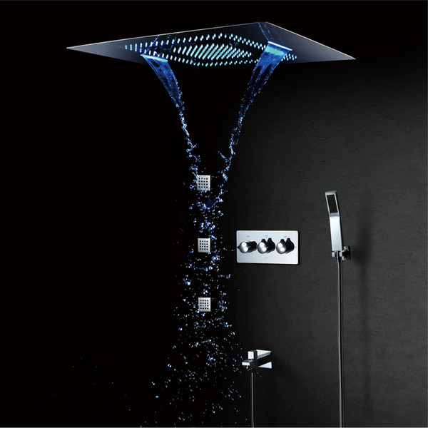 LED Shower Head Waterfall Rainfall Bathroom Shower Faucets Mixer Massage 304 SUS 600*800mm Shower Set Polished