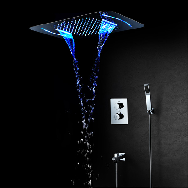 LED Light Shower Head 580*380mm Waterfall Rainfall Showerhead Thermostatic Shower Faucets Mixer Ceiling Mounted Shower Sets