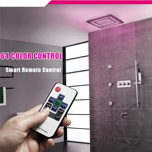 LED Ceiling 16 Inch Thermostatic Shower Faucet Rainfall Bathroom Shower Head Spa Multiple Functions Shower Diverter Brass