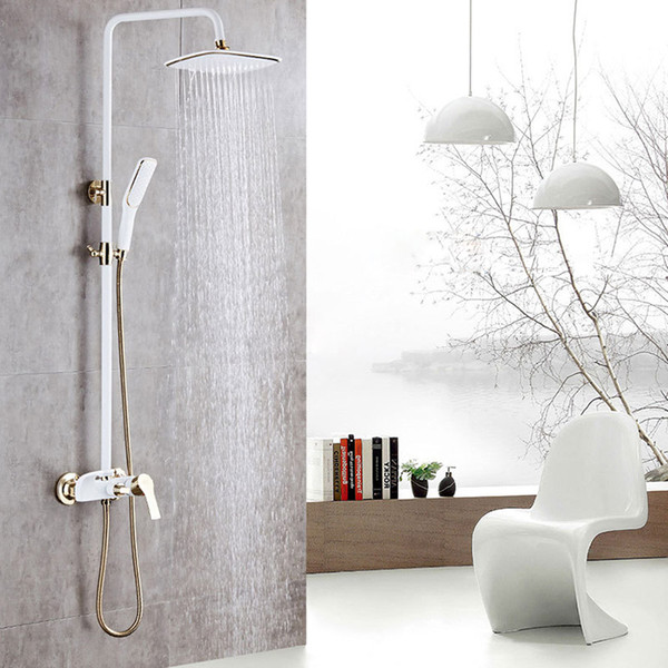 Wall Mounted Shower Faucet White Luxury European Style Gold Rainfall Shower Set Mixer Faucets Bath Rain Shower Heads System