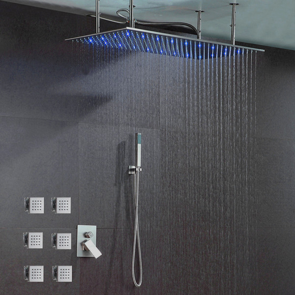 304SUS Bathroom Shower Brushed Faucets 50*100cm Rain Showerhead Shower Set Diverter Mixer Valve Rainfall LED Shower System