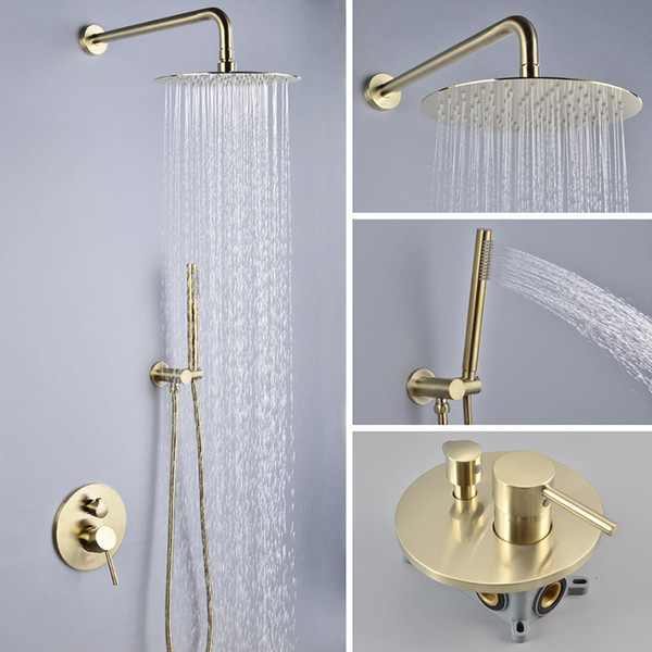 Luxury Golden Brushed Faucets Brass Rainfall Shower Head 304SUS 2-way Shower Mixer Tap Bathroom Shower 250mm Wall Mounted