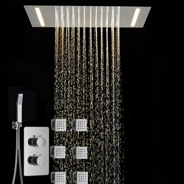 Thermostatic Rainfall Shower Set LED Light Shower Head Ceiling Mounted 360*500mm Showerheads Massage Body Spray Jets 2 Inch Rain