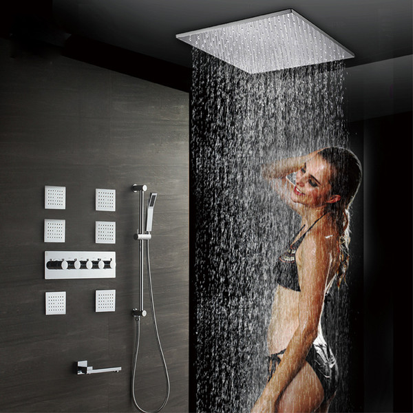 Ceiling Mounted 20 Inch Rainfall Showerhead Thermostatic Shower Faucet Hand Held Rain Shower Massage Spray Jet Brass Shower Set