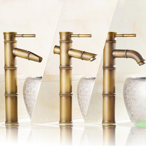 Antique Brass Waterfall Bathroom Sink Faucet Vessel Tall Bamboo Water Tap Retro Single Hole Basin Faucets