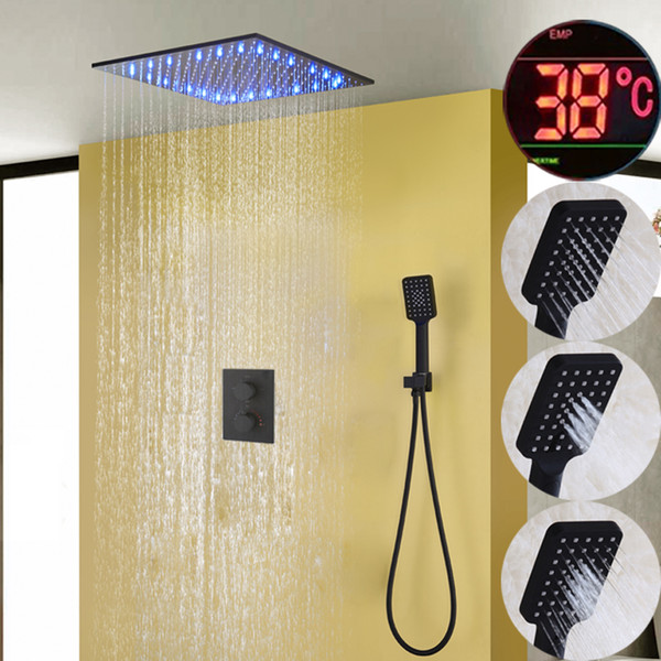 Bathroom Rain Shower Faucet Set Black Bath Shower Panel Ceiling LED Shower Head Thermostatic Mixer Valve