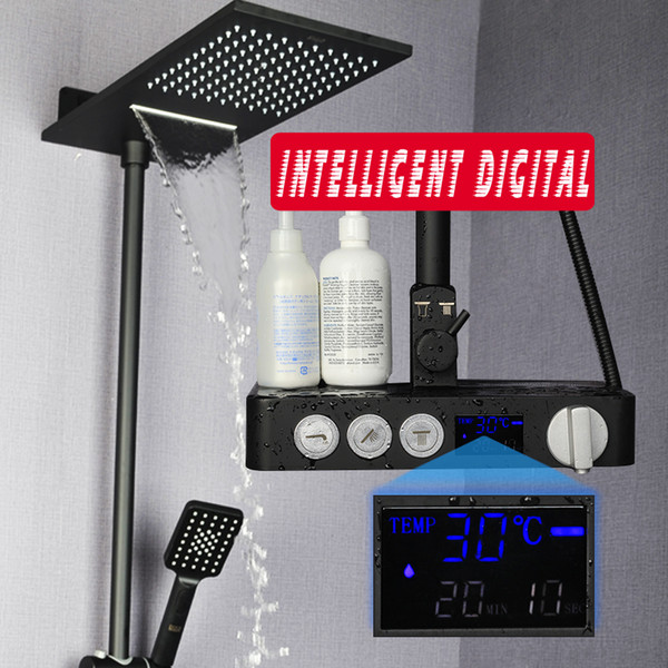 Bathroom Household Shower Set Hot And Cold Thermostatic Mixer Tap Waterfall Rain Shower Faucet Head Black Digital Shower System