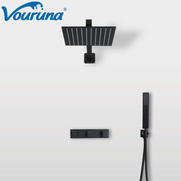 VOURUNA Black Shower System 8 Inch Bathroom Rain Mixer Shower Combo Set Wall Mounted Rainfall Shower Fixture