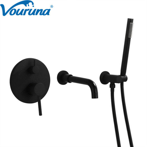 VOURUNA Matte Black Wall Mounted Bathroom Shower Faucet Set Bath Shower Mixer Tap