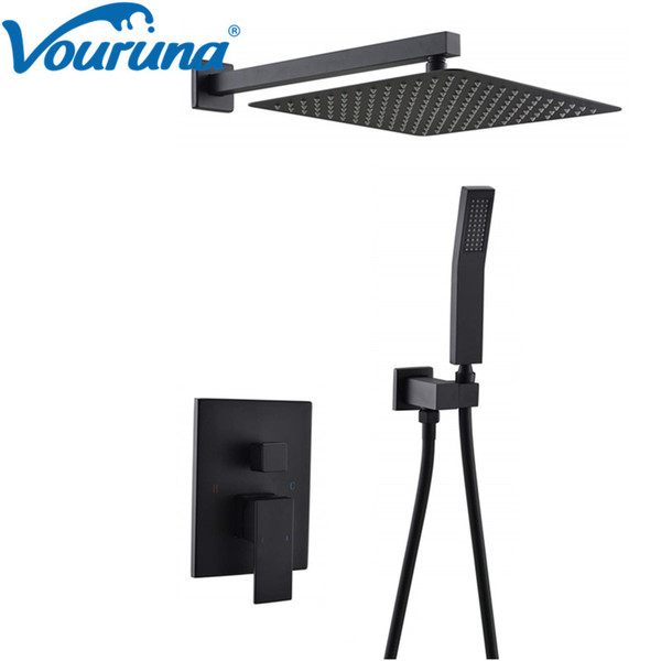 VOURUNA 10 inch Square Style Black Bathroom Shower Set In Wall Mounted Bathroom Shower Mixer Faucet Modern Luxury Brass Construction