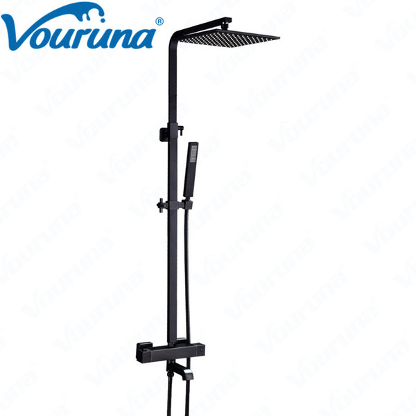 VOURUNA Exposed Square Style Black Thermostatic Bathroom Shower Set Temperature Control Bathing Mixer Faucet Tap Wall Mounted Brass