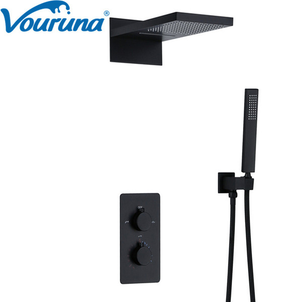 VOURUNA Matte Black Waterfall Thermostatic Bathroom Shower Set In Wall Mounted Bath Shower Mixer Faucet