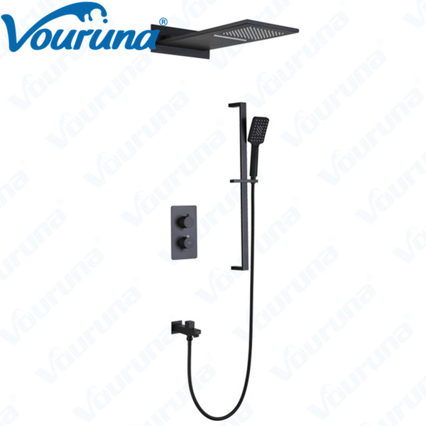 VOURUNA 10 inch Square Style Black Waterfall Bathroom Shower Set With Slide Bar In Wall Mounted Bath Shower Mixer Faucet Modern Luxury