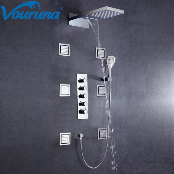 VOURUNA Large Waterfall&Rain Bathroom Shower Set Thermostatic Mixer Faucet Wall Mounted Bathing Rain Shower Tap