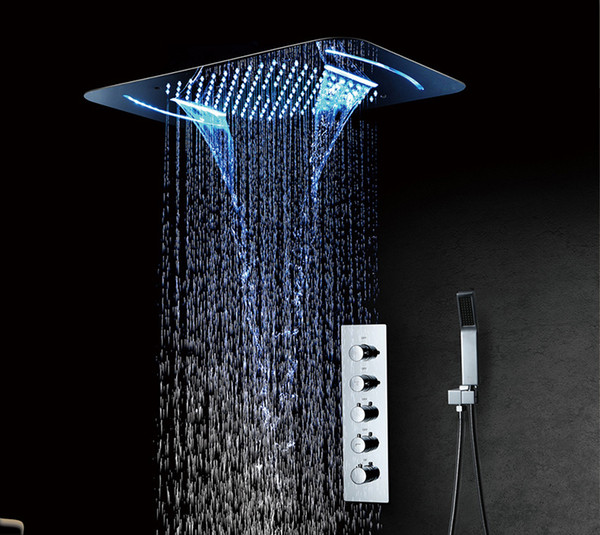 Bathroom Shower Polish Faucets 580x380mm 3 Function Rain Waterfall Spray Showerhead Set Diverter Thermostatic Mixer Valve LED Shower System